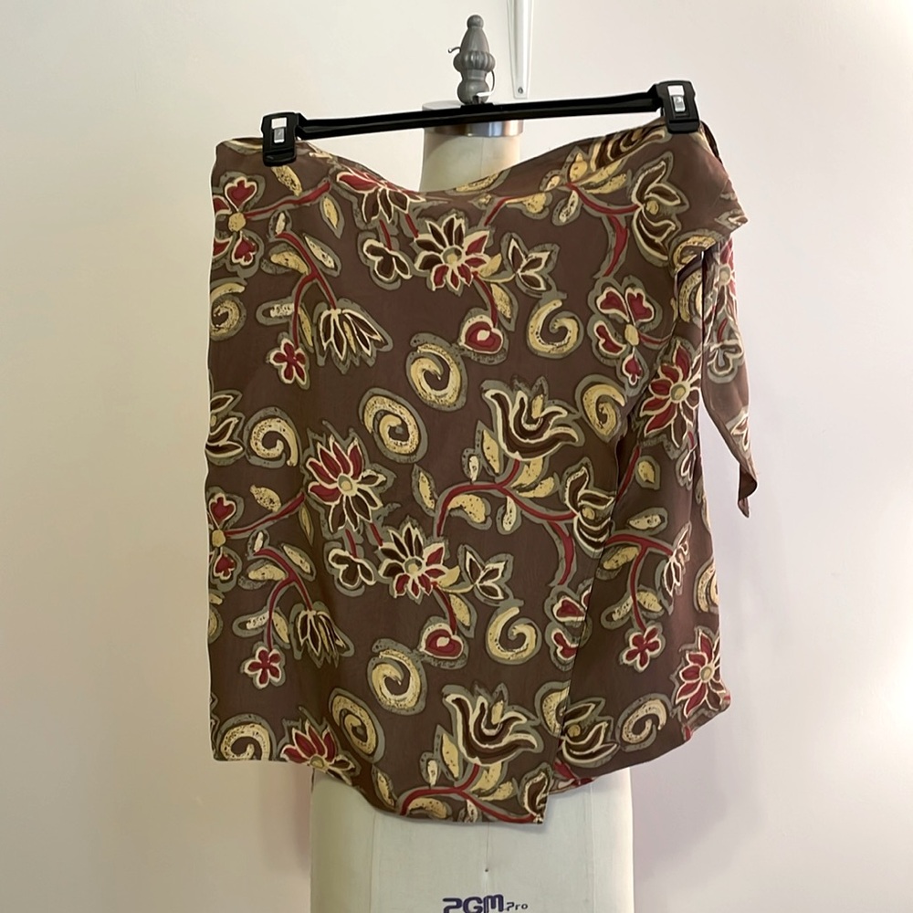 Ann Taylor Brown Floral Tie-Waist Mini Skirt with Cream and Red Details